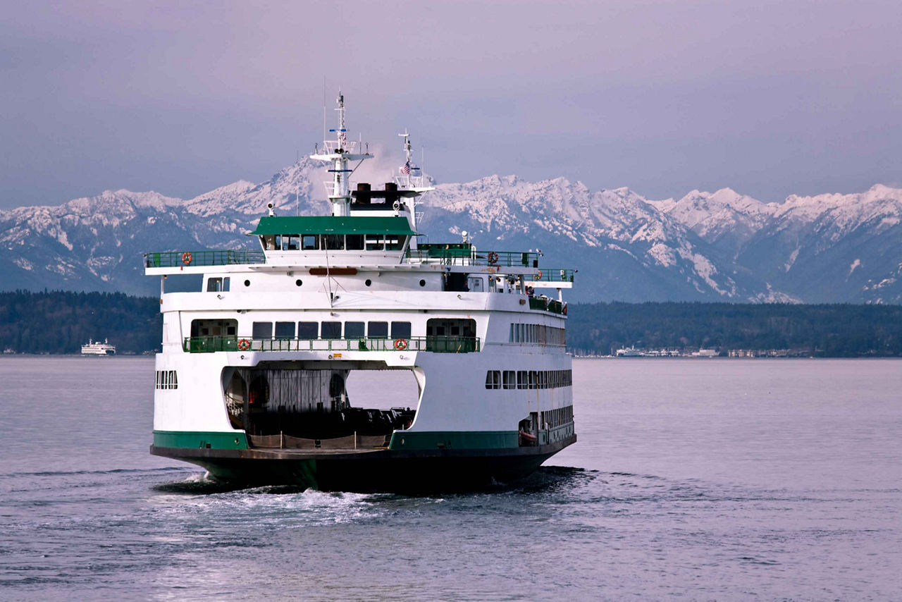 Ship In Ocean View Of Mountain Glaciers, Seattle, Washington 
