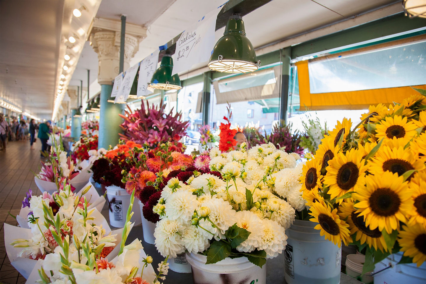 Flowers for sale at a stall at Pike Place Market. - Seattle, Washington