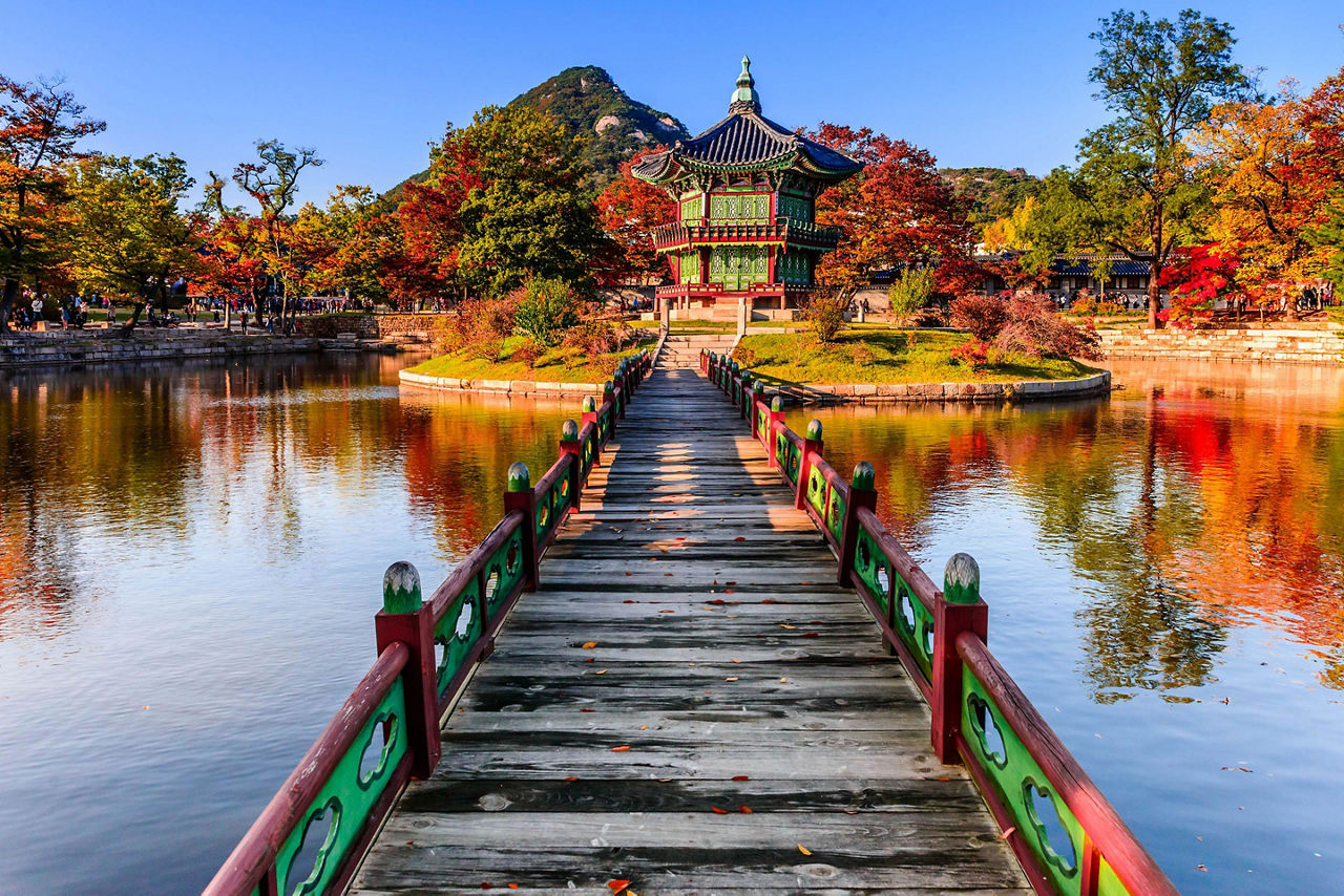 A bridge over a pond in the Gyeongbokgung palace, Seoul, South Korea