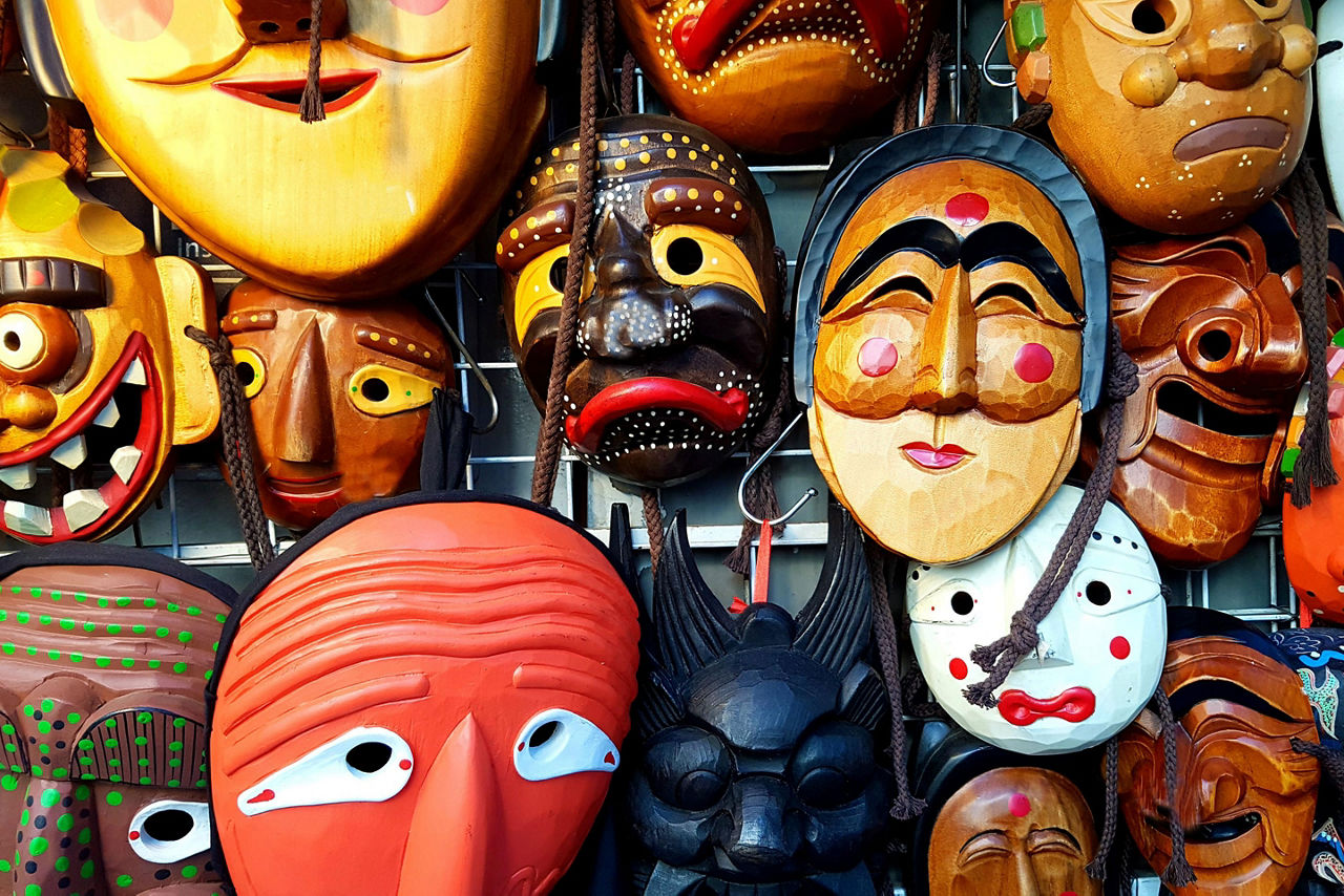 Traditional wooden Hahoe masks in Seoul, South Korea