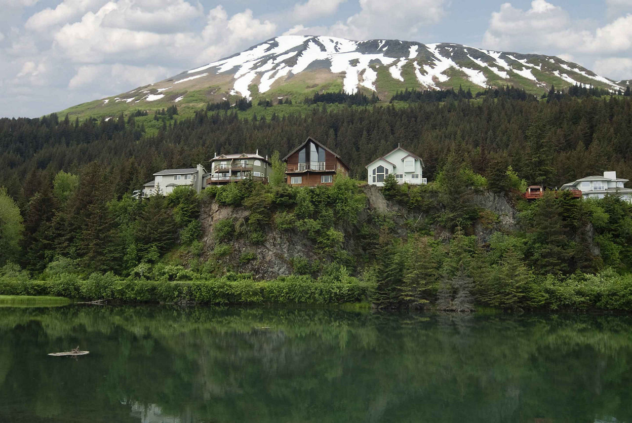 Houses Along Mountain Oceanfront Views, Seward, Alaska