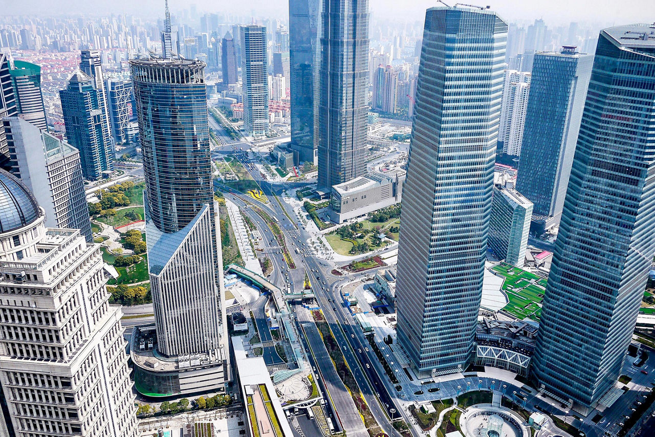 Aerial view of skyscrapers in the central business area of Shanghai, China