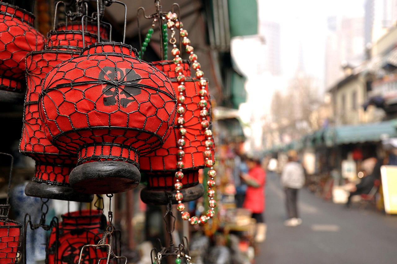 Red Chinese lanterns at the antique market in Shanghai, China