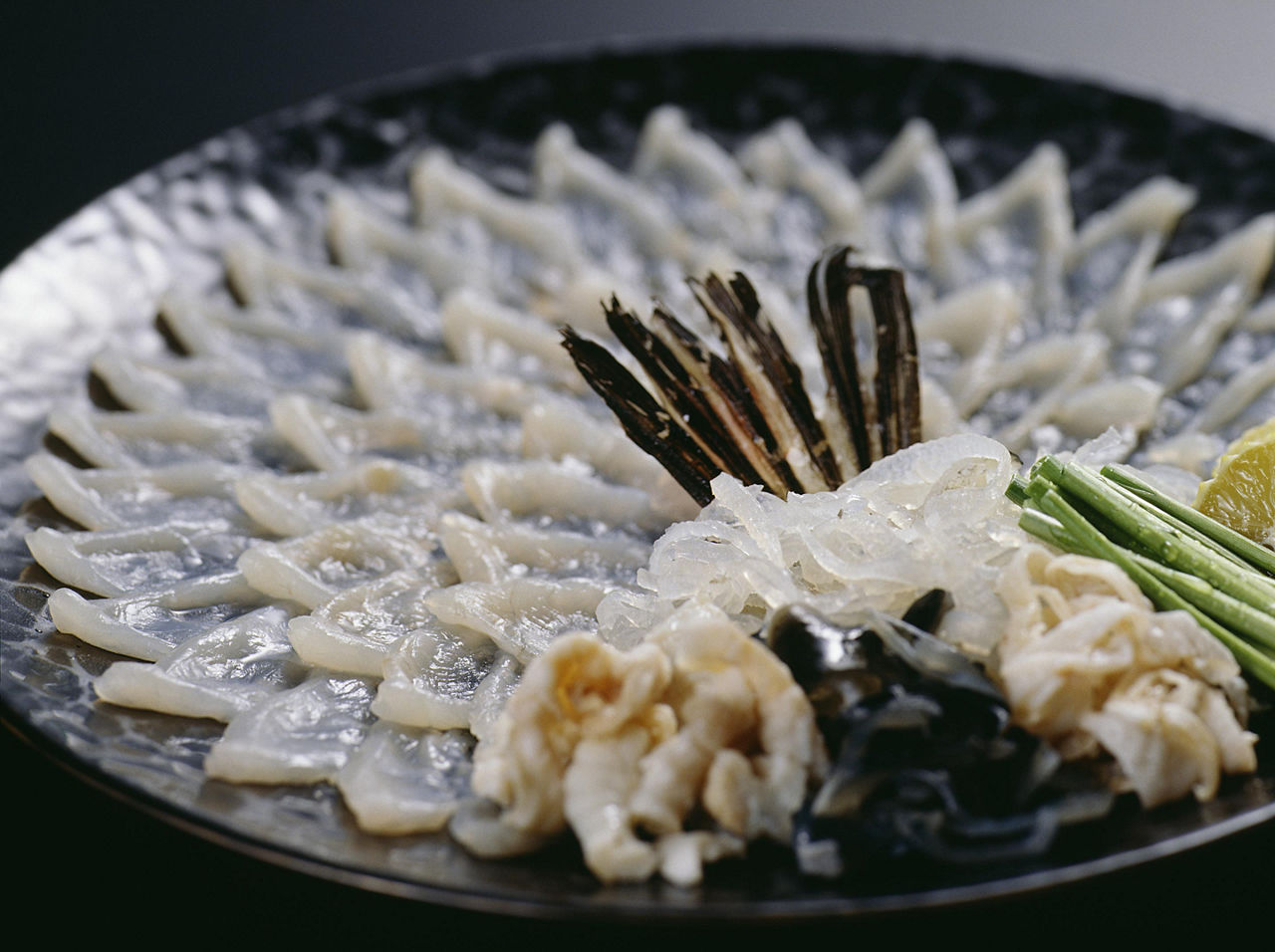A plate of blowfish sashimi