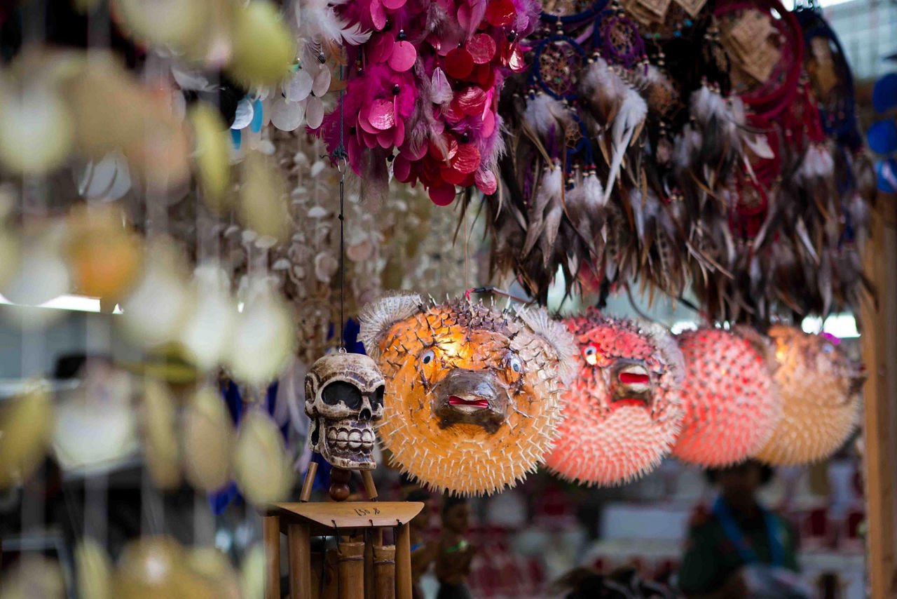Blowfish souvenirs for sale at a market