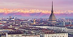 orino skyline (Turin, Italy), cityscape at sunrise with details of the Mole Antonelliana towering over the city
