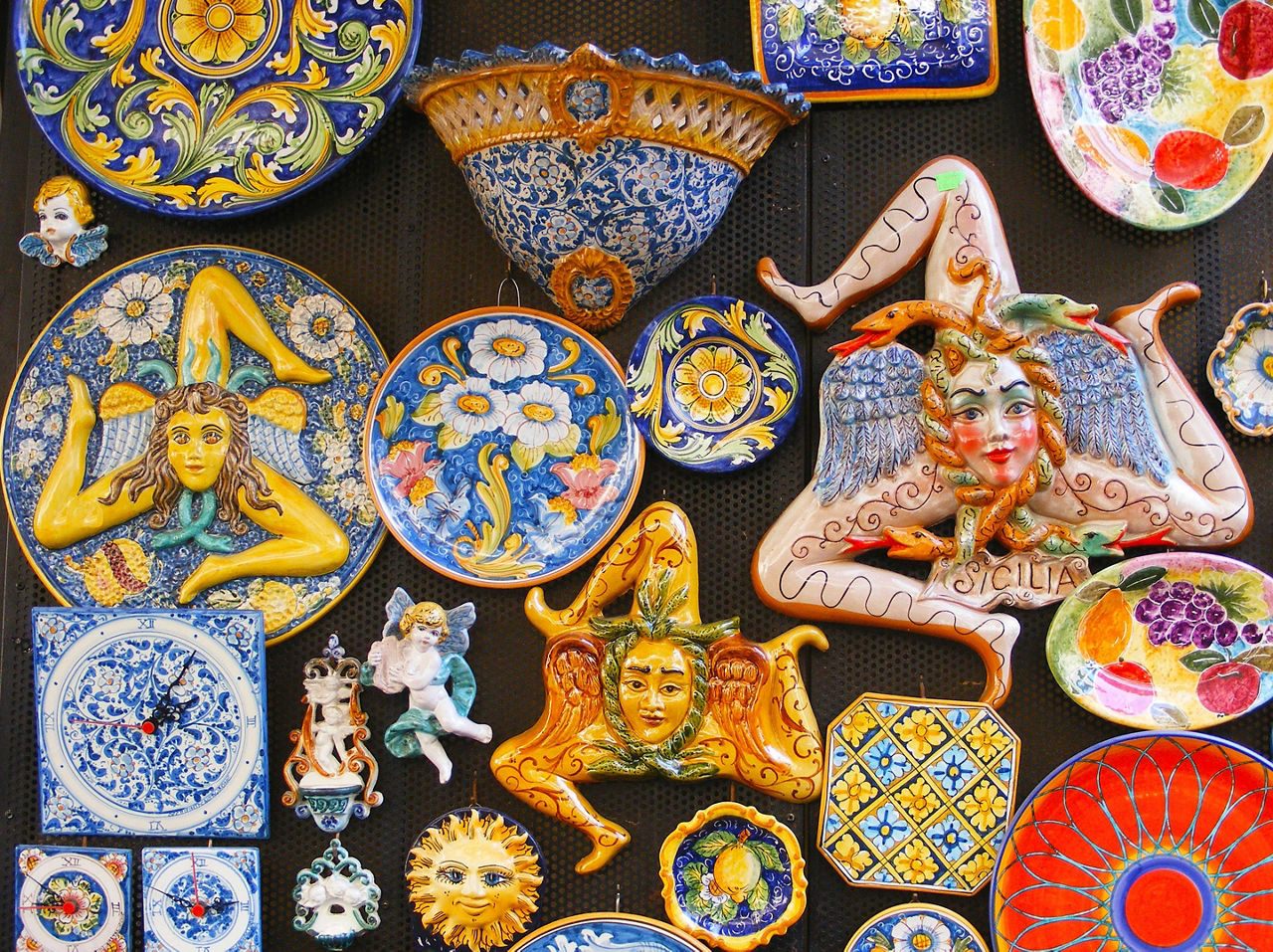 Assorted colorful ceramic souvenirs