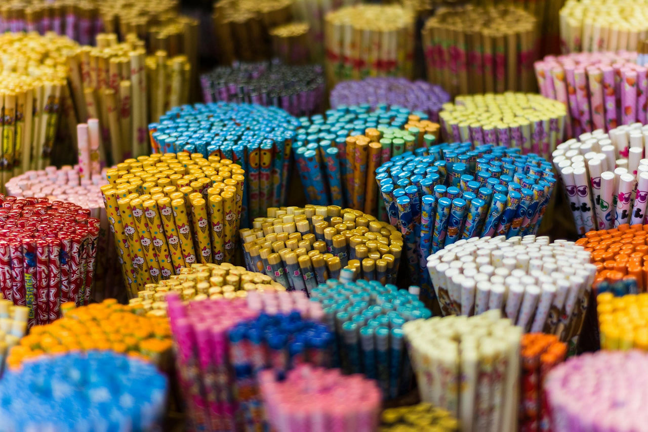 Colorful variety of chopsticks in a small shop in Chinatown, Singapore