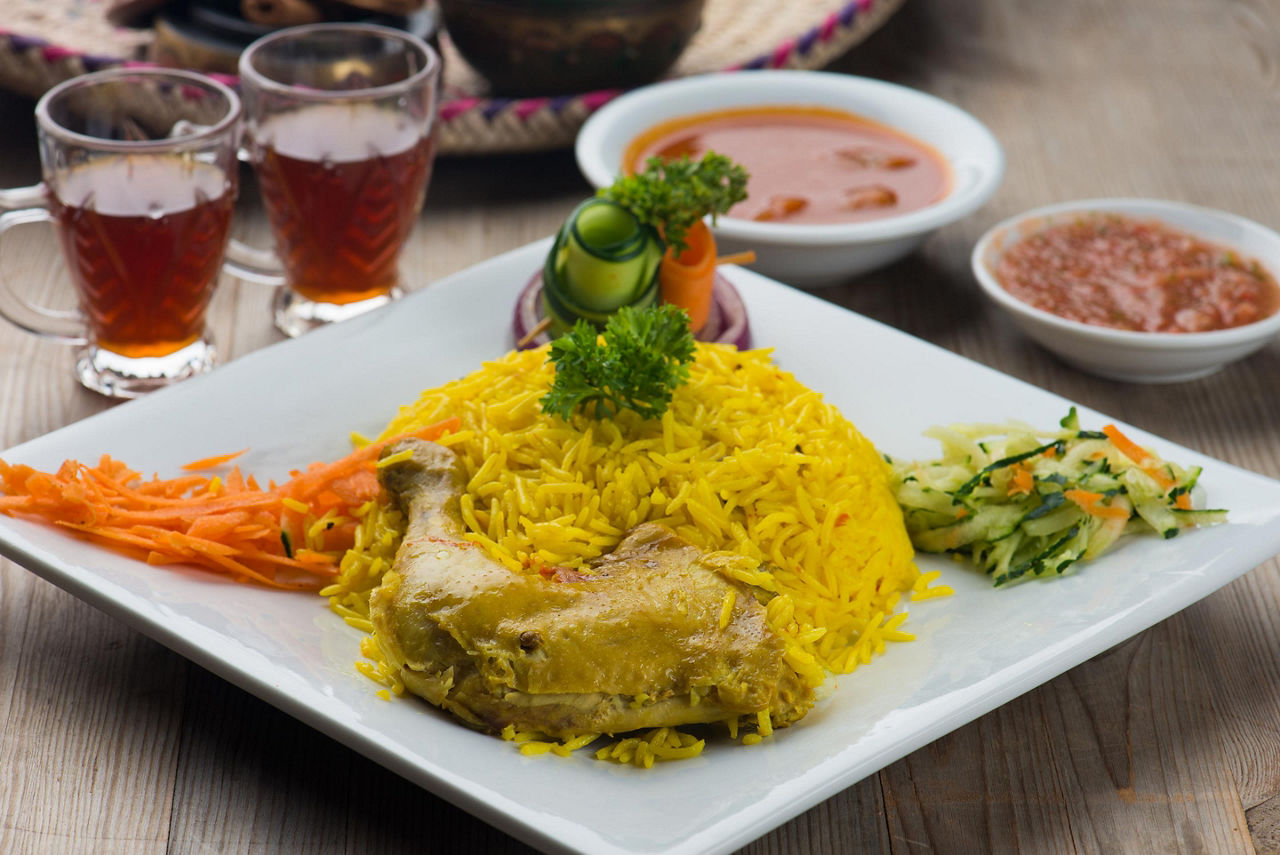 Chicken mandi, traditional seasoned rice Arab food in Sir Bani Yas, United Arab Emirates