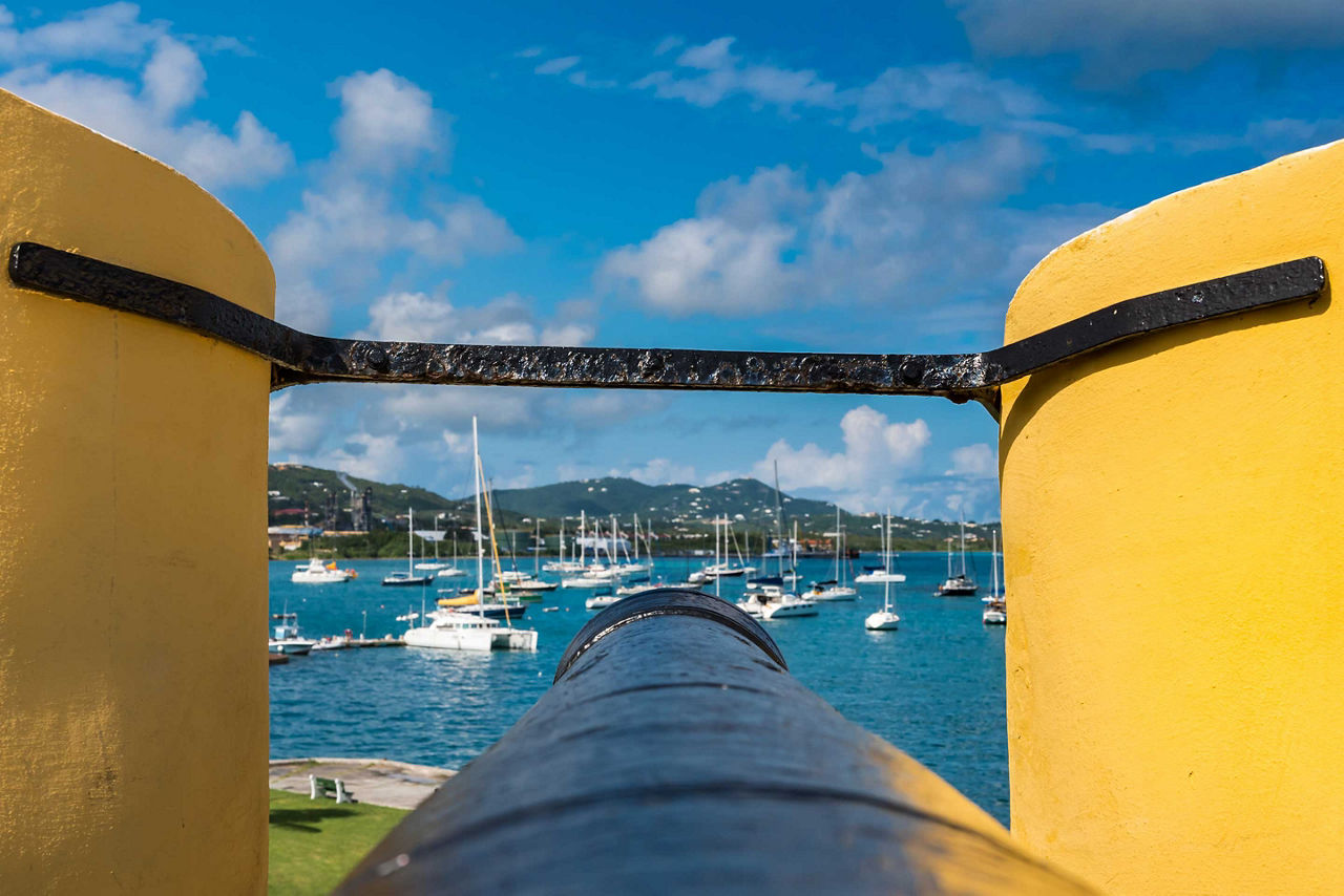 Canon Overlooking Harbor at Yellow Brick Fort Christiansted, St. Croix, U.S. Virgin Islands