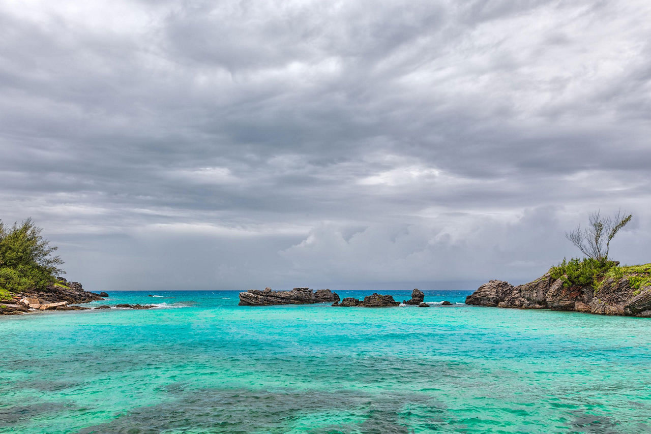 Dark clouds over Tobacco Bay Beach in St. George's, Bermuda