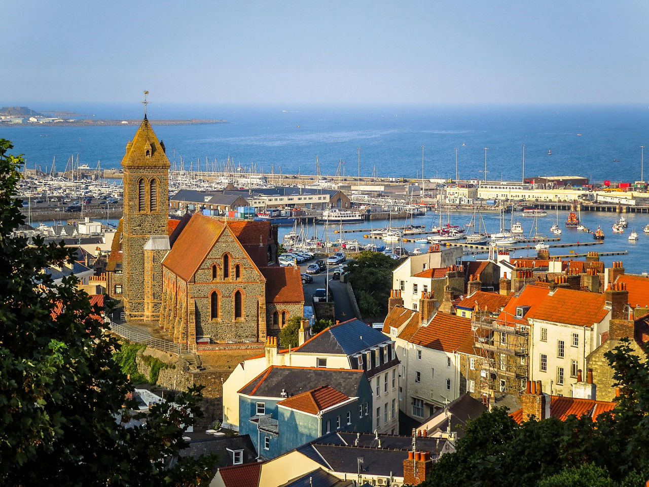 St. Peter Port, Channel Islands, City view with church