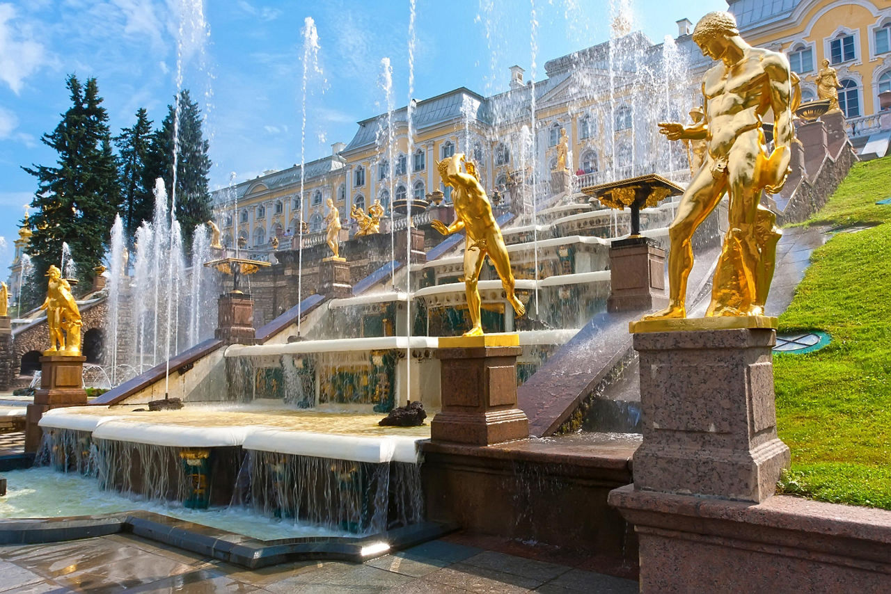 Close up of the fountains at the front of the Peterhof Palace in St. Petersburg, Russia