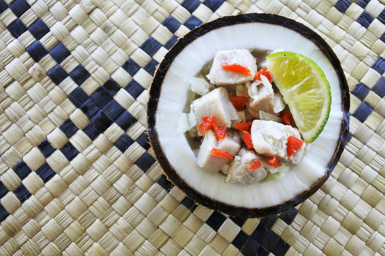 A raw fish salad in a coconut in Fiji