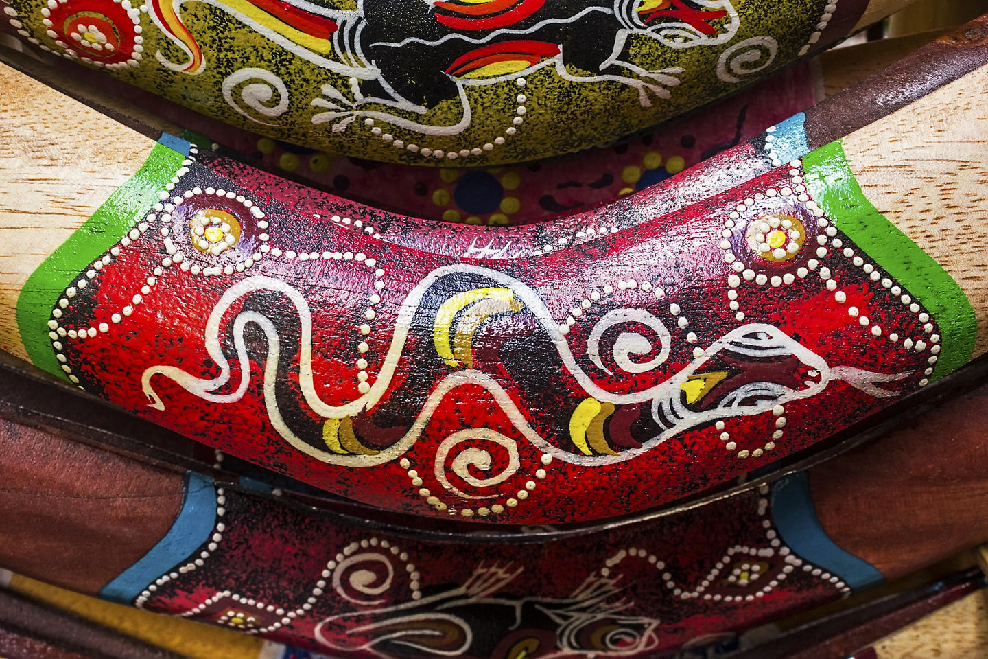 Souvenir boomerangs displayed in a Sydney shop showcasing Australian cultural crafts. - Sydney, Australia