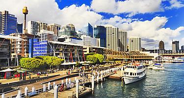 Boats docked on the pier at Darling Harbour in Sydney, Australia