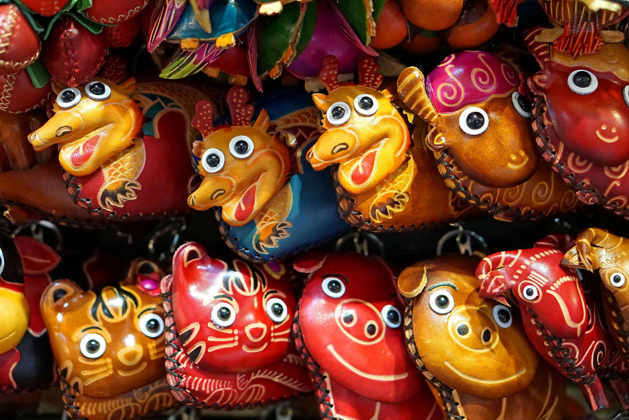 Leather purses with painted animals at a Taiwan street market