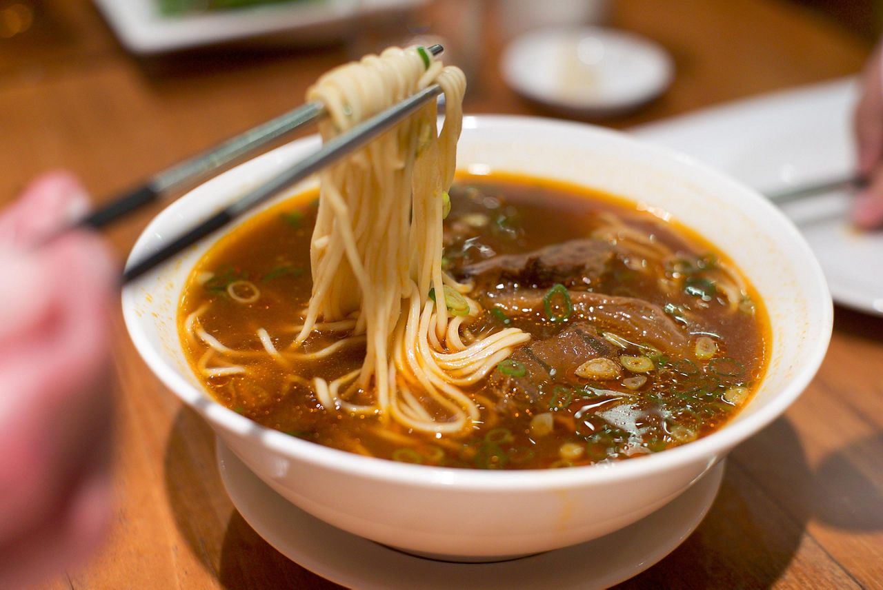 A bowl of beef noodle soup