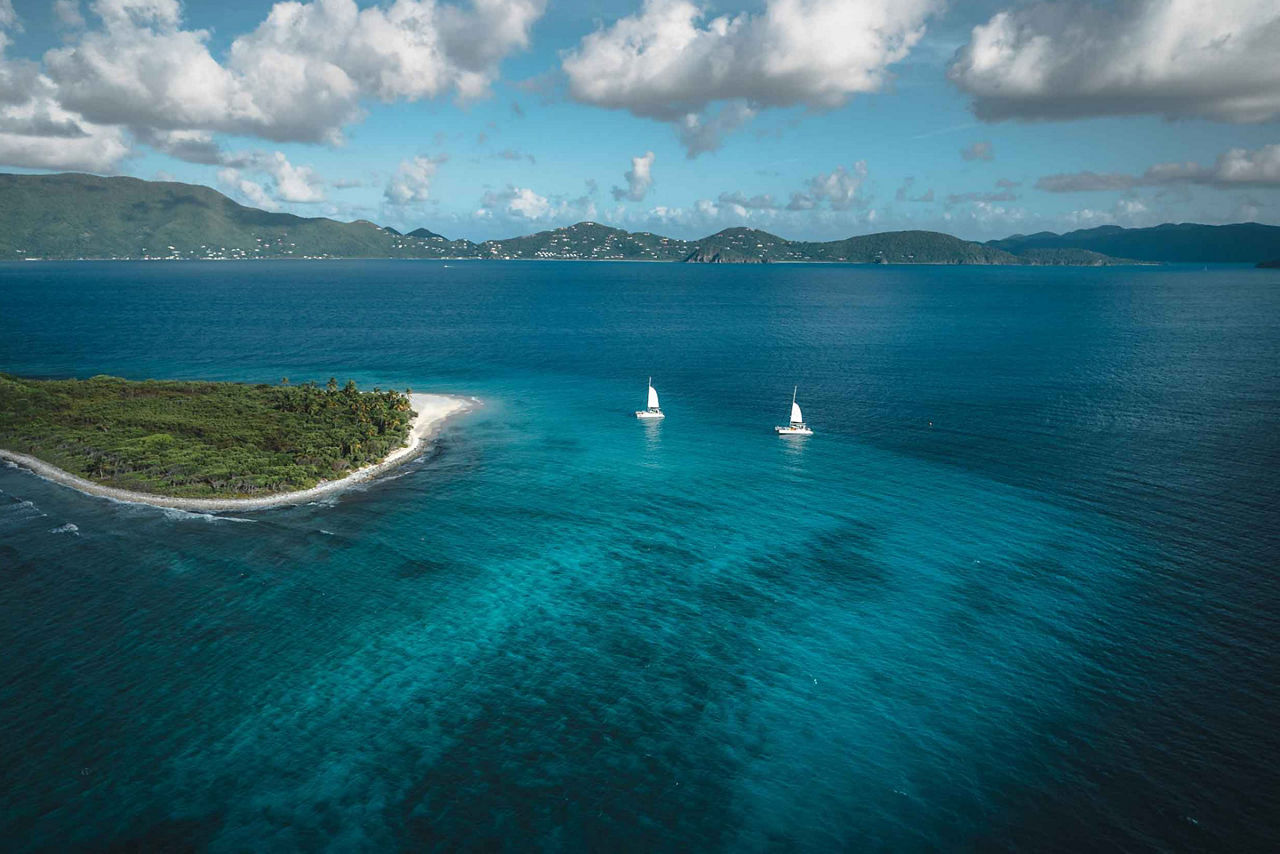 Aerial View of the Ocean with Two Sail Boats Sailing ,Tortola, British Virgin Island 