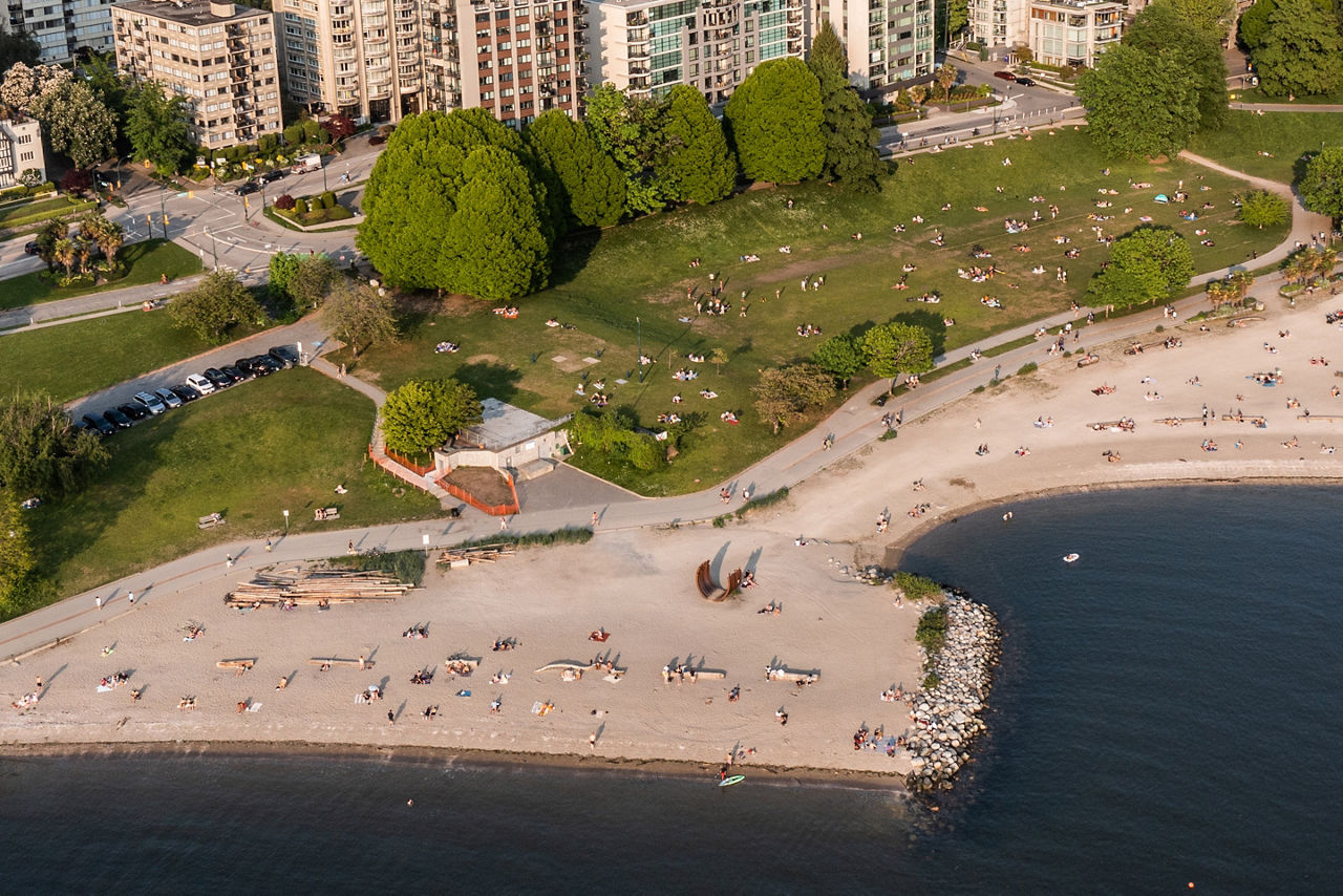Aerial view of area around Sunset Beach Park at False Creek in Vancouver, Canada