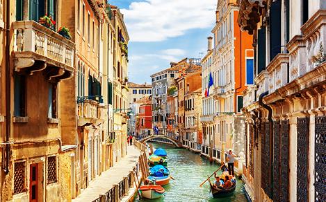 The narrow Rio Marin canal in Venice, Italy