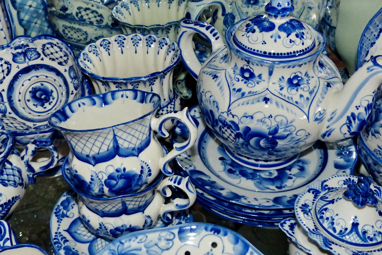 Closeup of traditional Gzhel style, ceramic tableware in a shop in Vladivostok, Russia