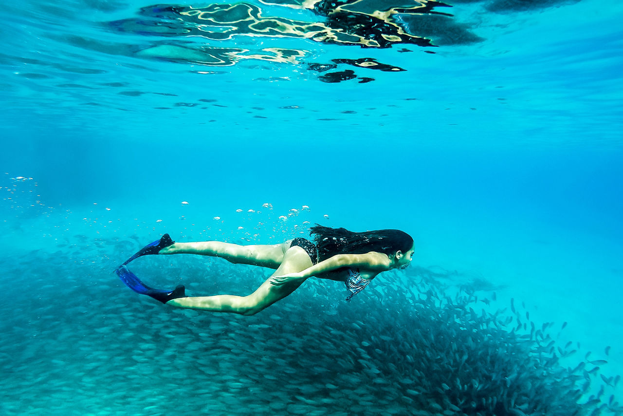 Underwater Snorkeling Girl Woman, Willemstad, Curacao 