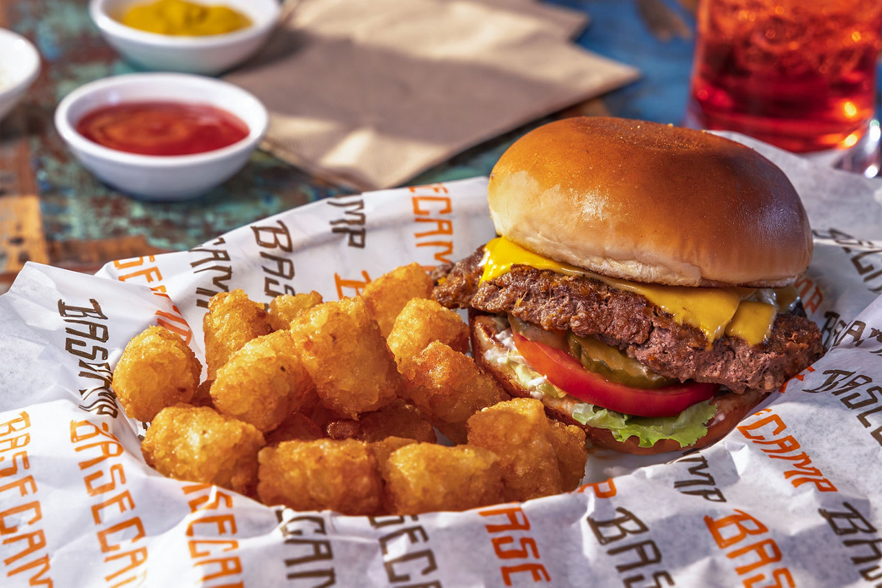 Smash Burger with tator tots and drink with chicken tenders