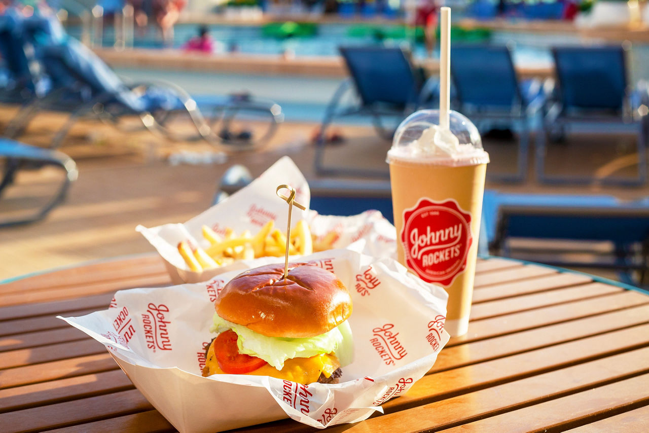 Hamburger, Fries and Milkshake by the Pool
