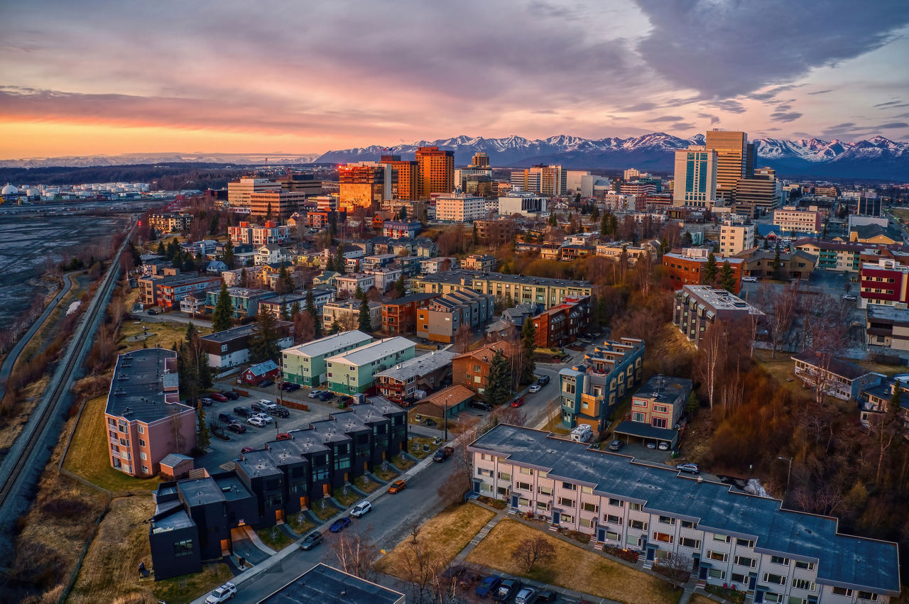 Aerial View of the Sunset over Downtown Anchorage, Alaska.