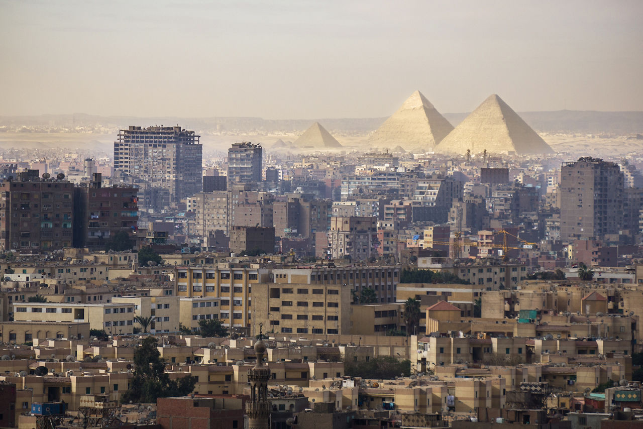 View of the city of Egypt with Pyramids. Africa.
