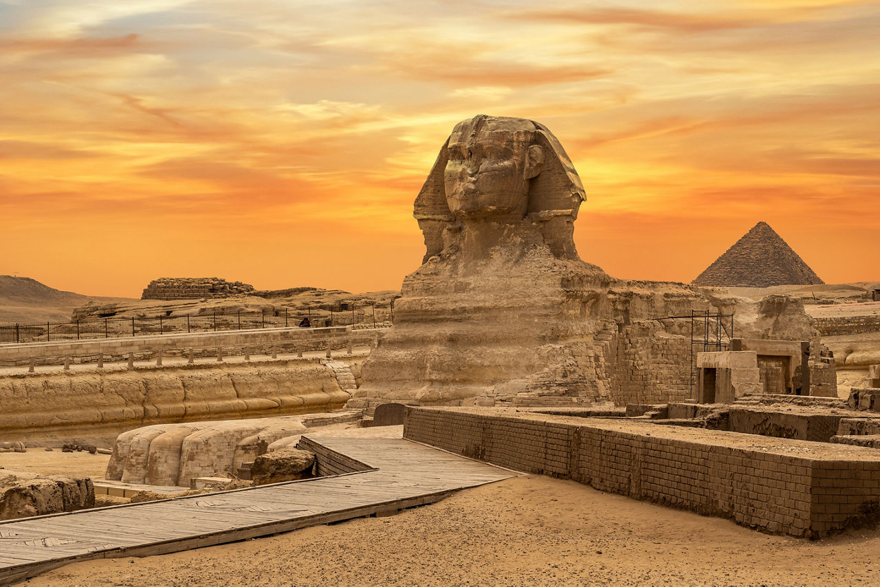 The Sphinx in Giza with pyramids. Egypt.