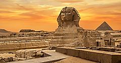 The Sphinx in Giza with pyramids. Egypt.