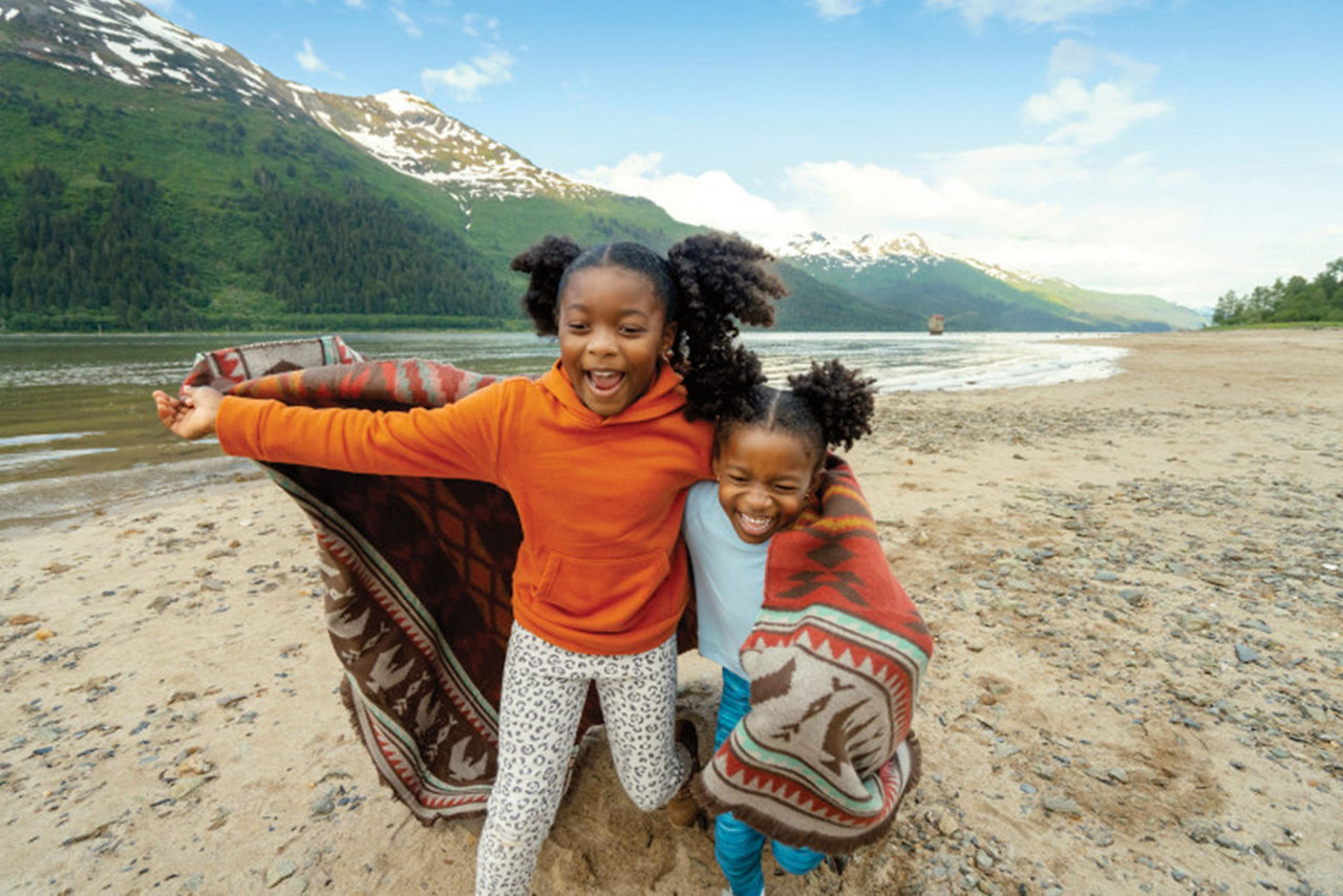 Sisters Running Through the Beach with Blanket, Juneau, Alaska