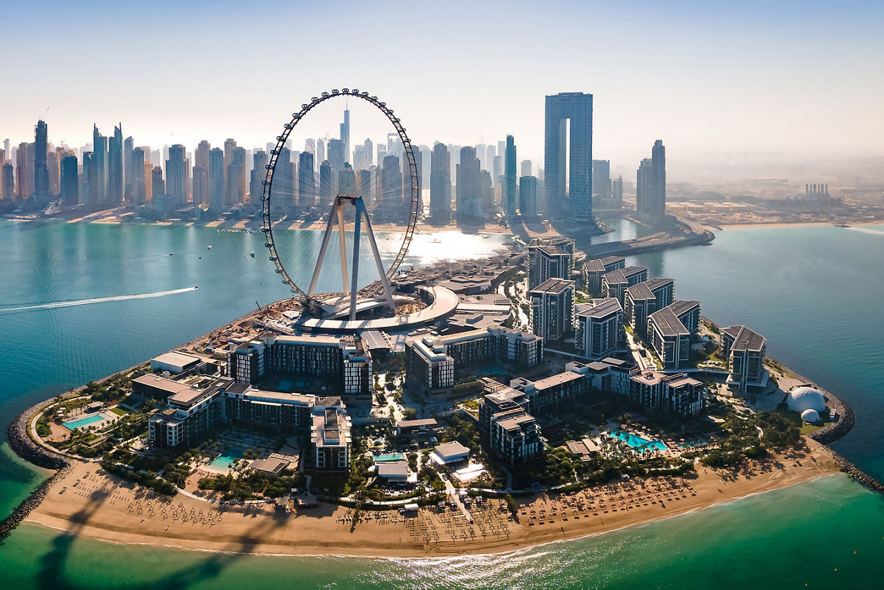 Aerial view of Bluewaters island and Ain Dubai ferris wheel. Dubai.