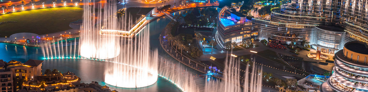 Aerial view of the famous dancing fountain show. Dubai