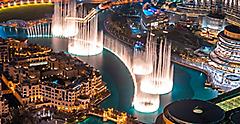 Aerial view of the famous dancing fountain show. Dubai