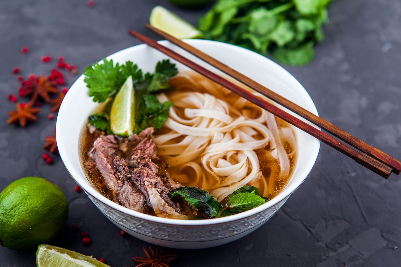 Pho Bo - Vietnamese fresh rice noodle soup with beef
