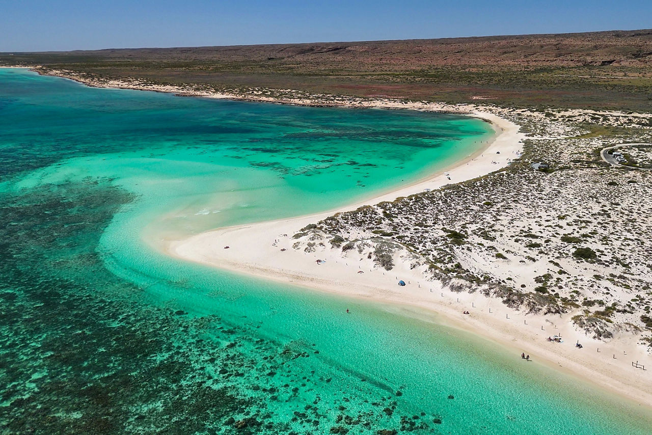 Scenic aerial perspective of Turquoise Bay Western Australia highlighting turquoise waters and coastal landscape