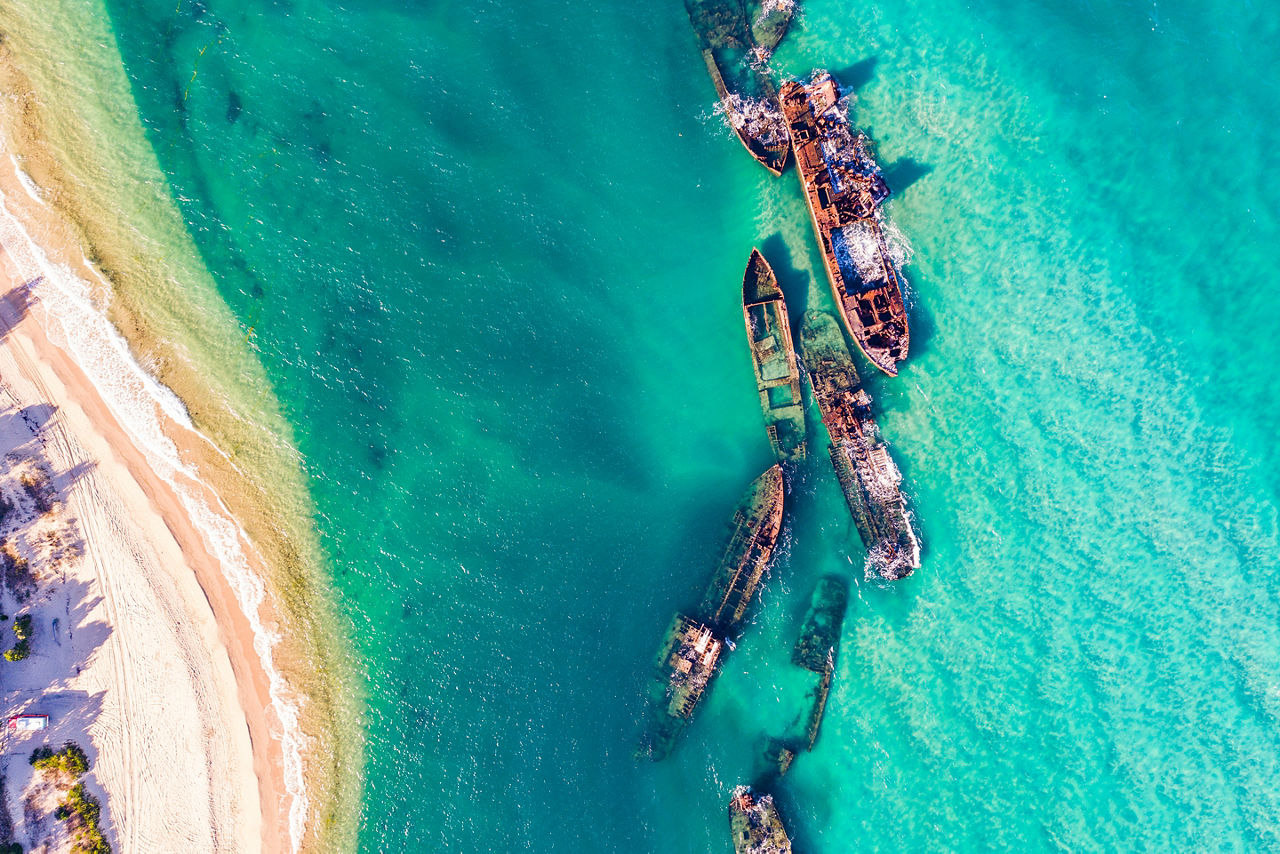 Aerial view of Tangalooma shipwrecks off Moreton island, Queensland. Australia