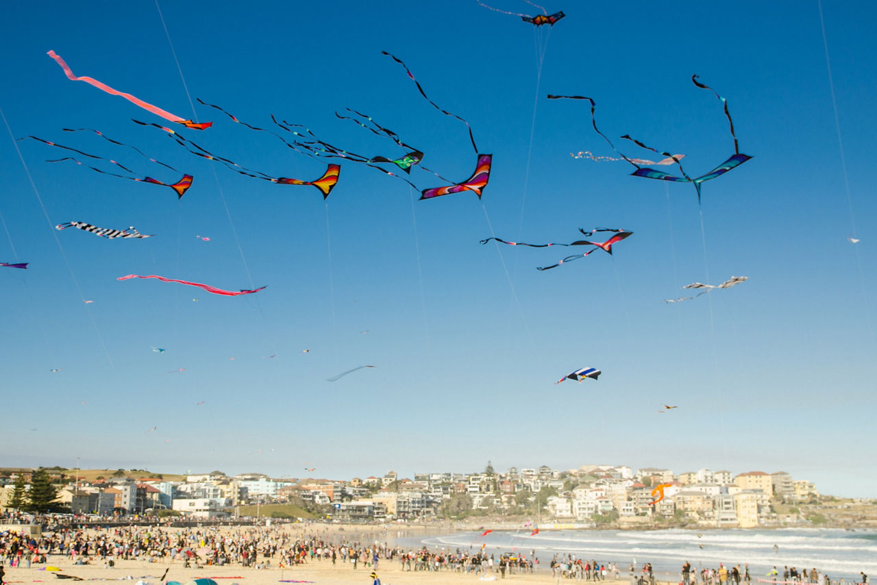 Sky full of kites in kite flying festival at Bondi beach, Sydney. Australia.