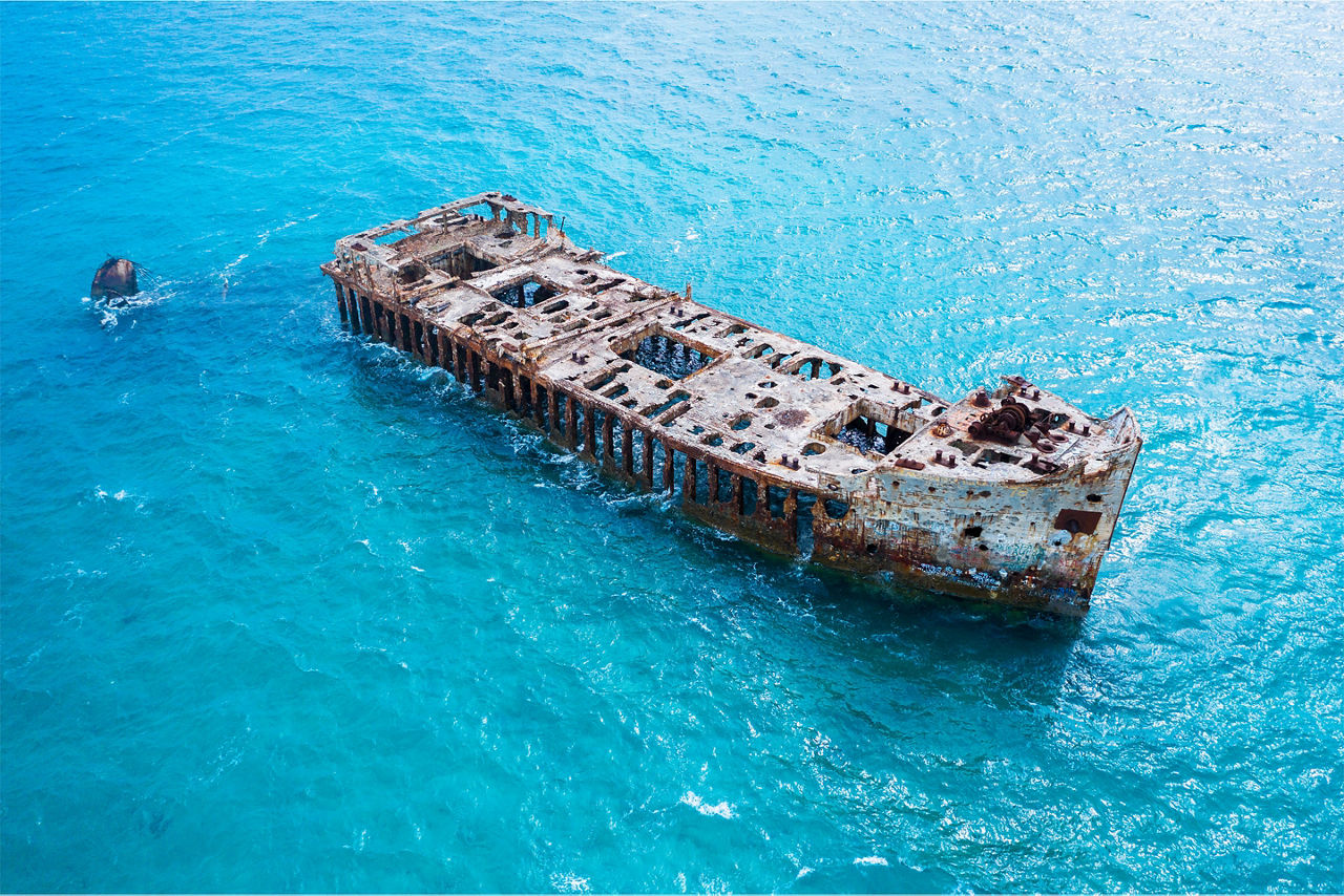 Aerial view of the Sapona Shipwreck of the Bahamas. The Caribbean.