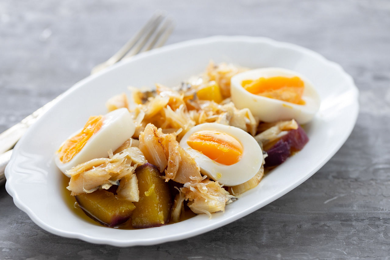 Salt Cod and Boiled Potatoes Eggs Breakfast