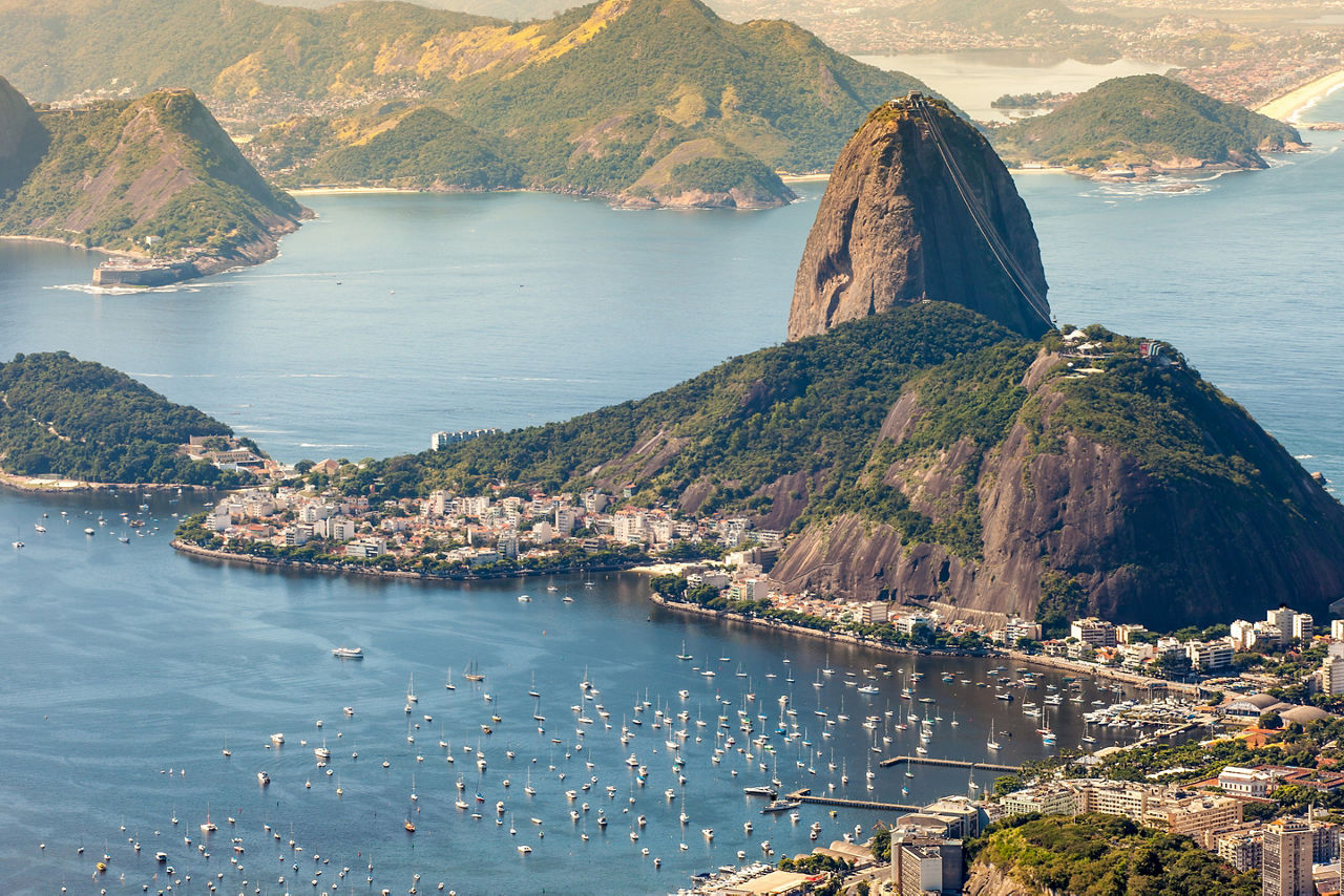Aerial view of Sugar Loaf mountain and Botafogo beach viewed. Brazil.