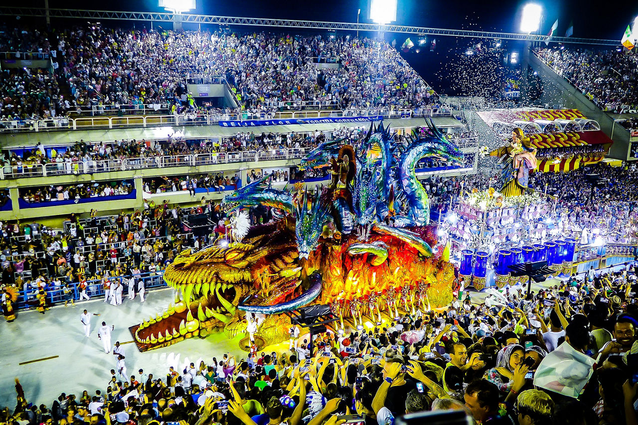 Stadium of crowds of people celebrating Brazilian Carnival in Rio. Rio de Janeiro. Brazil.
