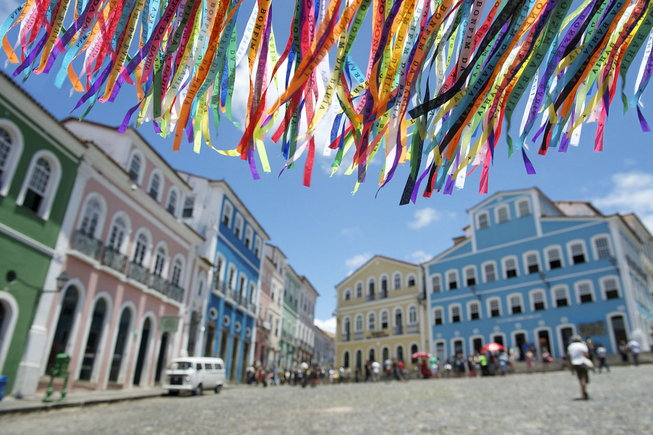 Brazilian wish ribbons waving in the sky above Pelourinho Salvador Bahia. Brazil.