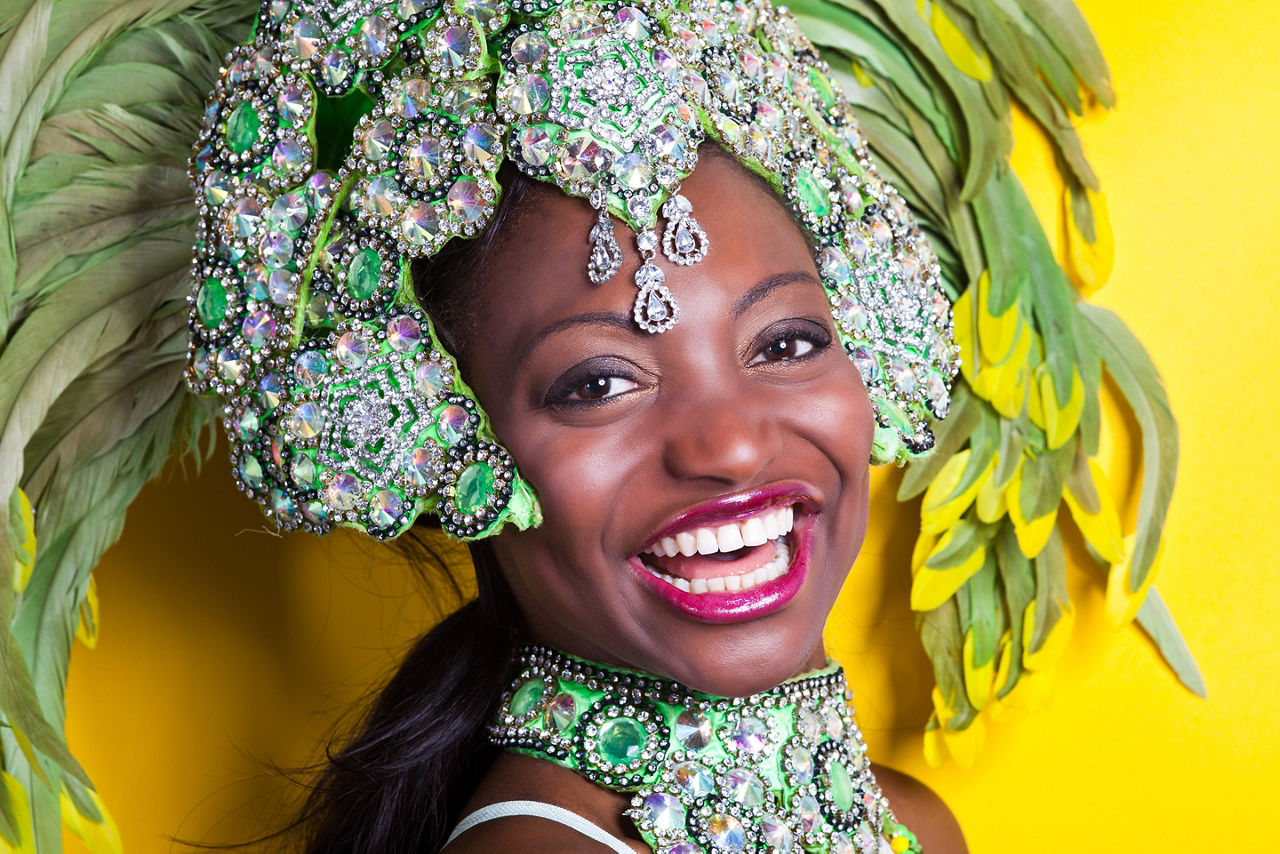 Woman wearing a green Brazilian samba costume for Carnival. Rio de Janeiro,  Brazil