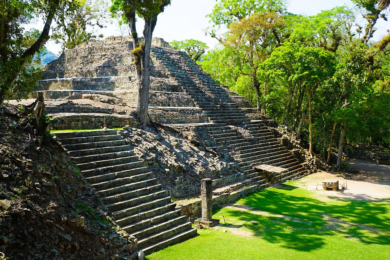 View of the Mayan Ruins of Copan in the jungle. Honduras