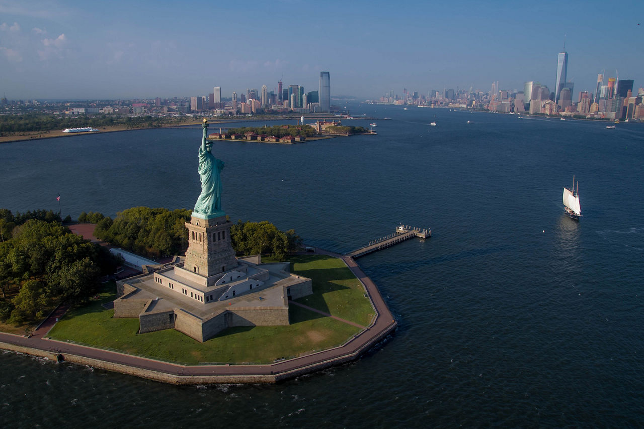 Aerial View of Lady Liberty, Hudson River and New York