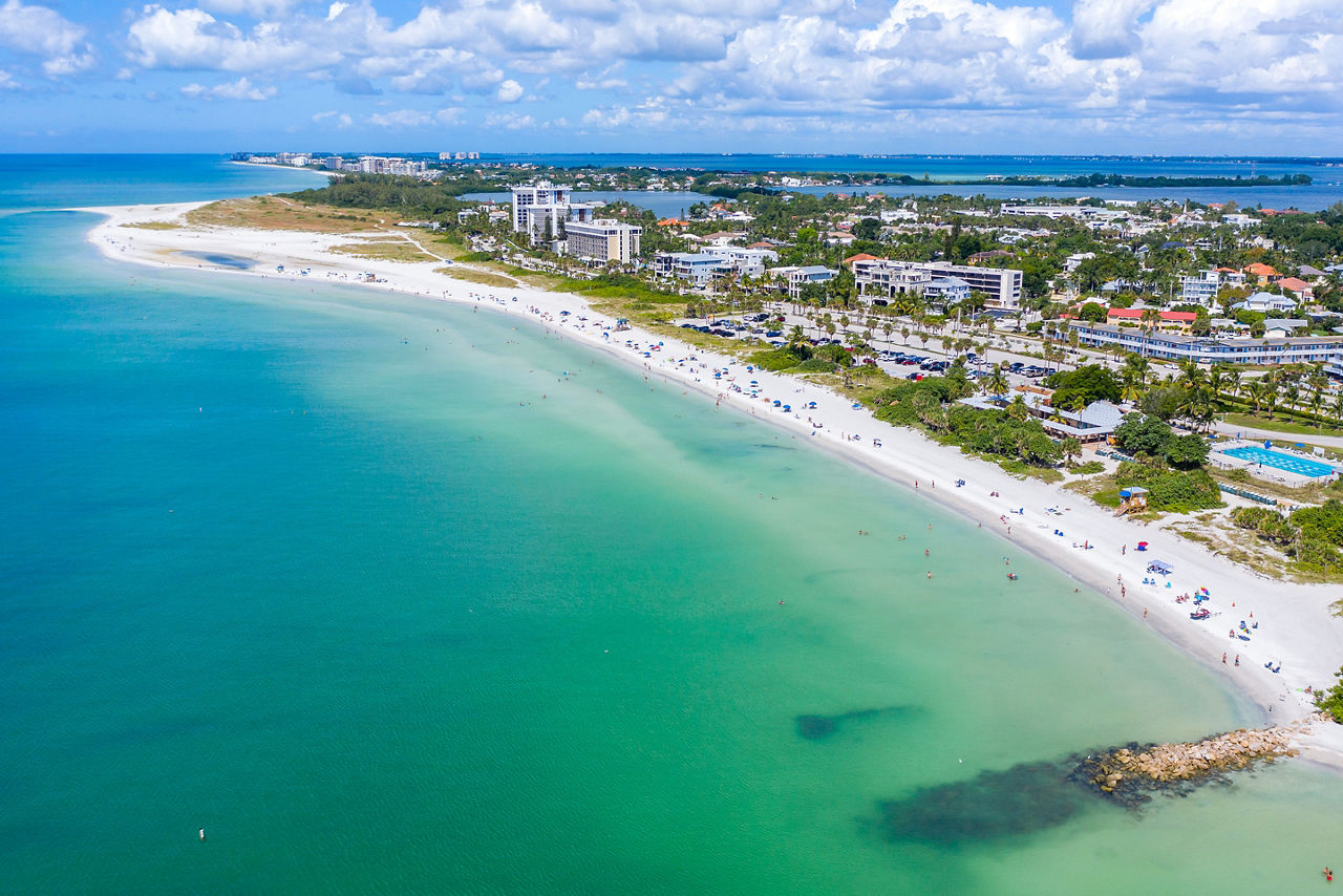 Aerial view of Sarasota's white sand beaches in Florida. North America